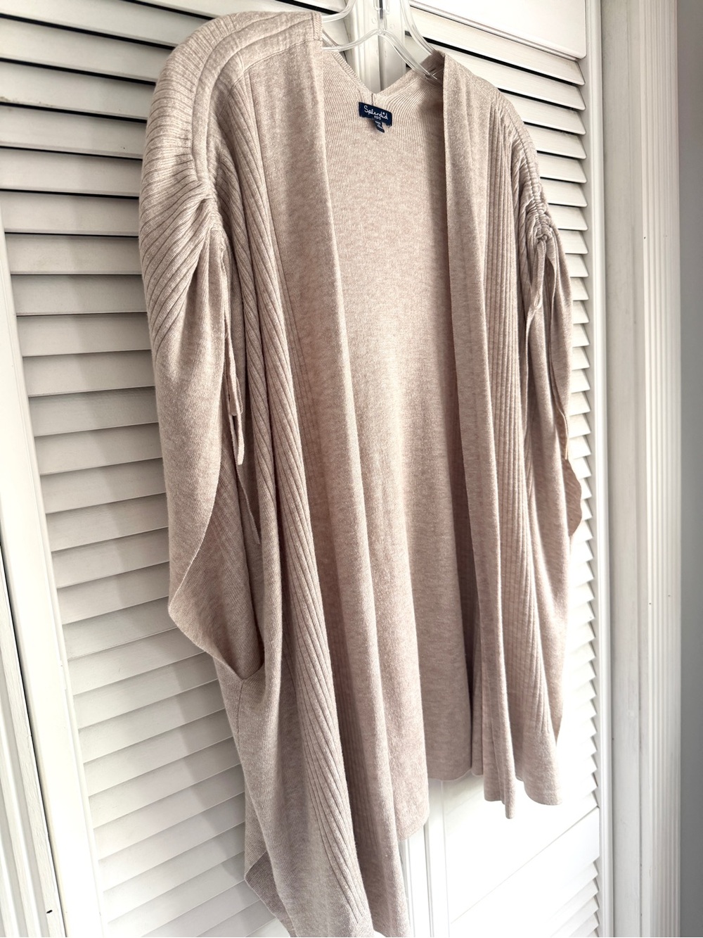 XS🤎 Splendid Cashmere Blend Oatmeal Ribbed Tie Shoulder Open Relaxed Cardigan - Picture 3 of 10